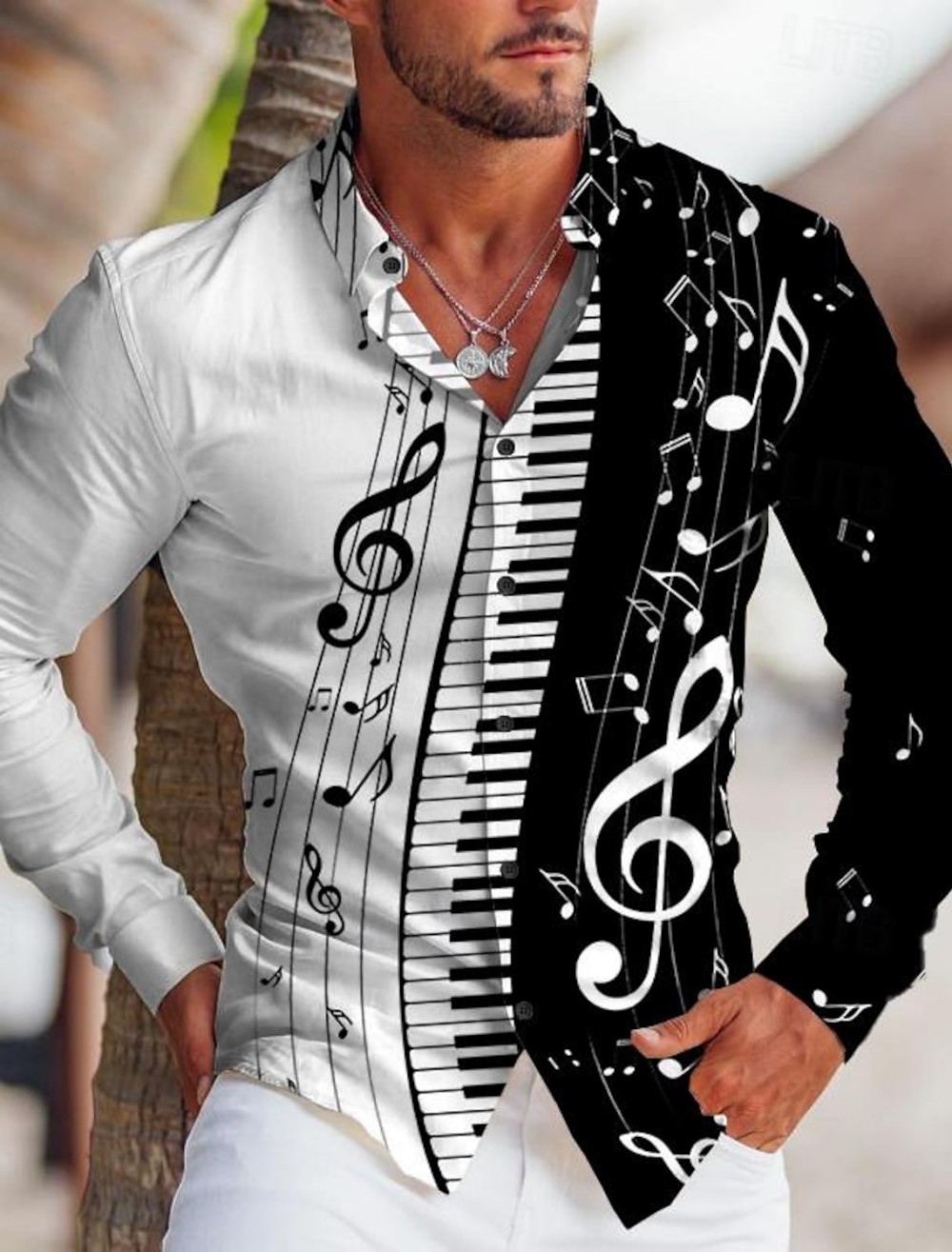 Audio Music Notes - Men Long Sleeve Turn-down Collar Button-Up